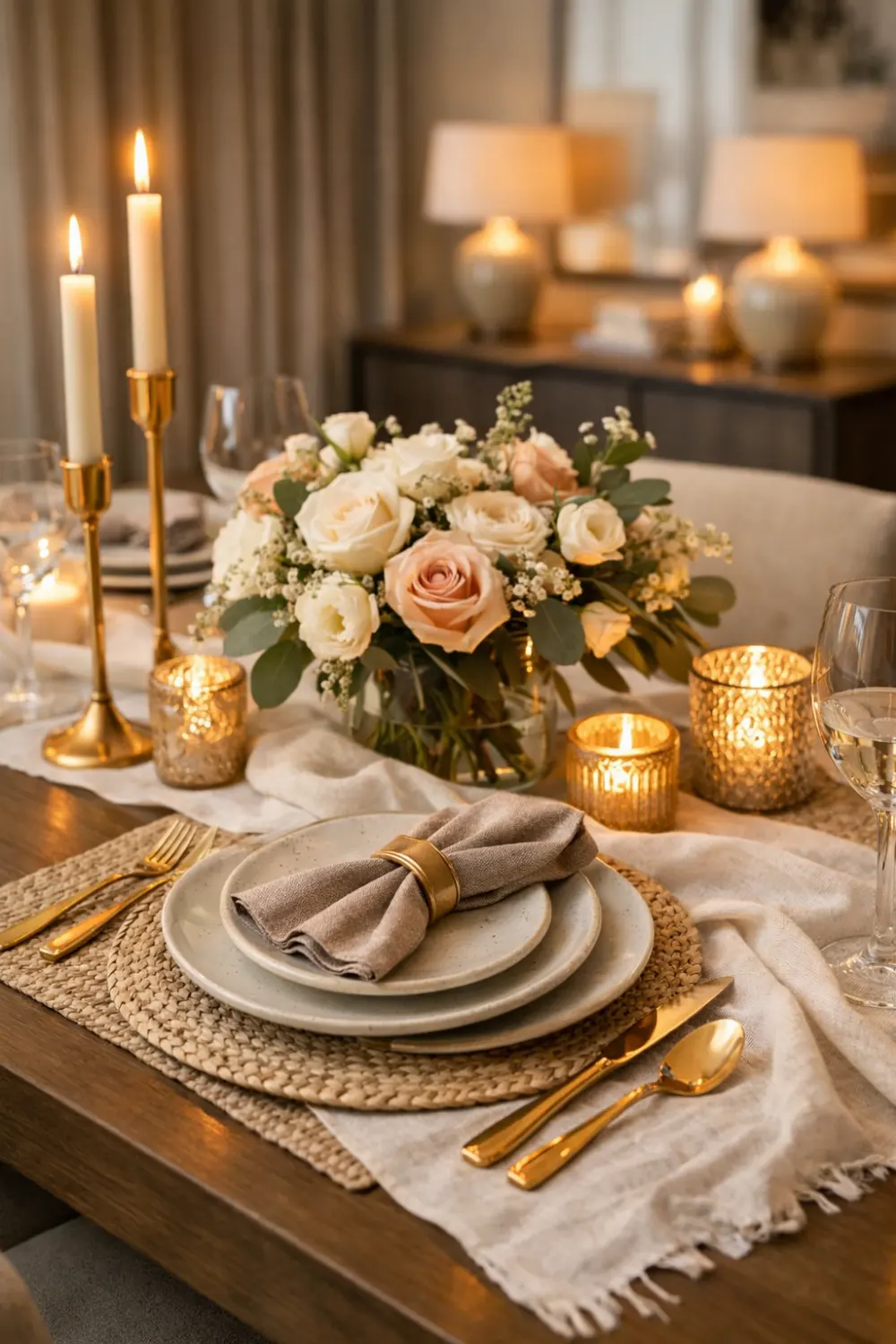 Elegant dining table setup with table runner, woven placemats, cloth napkins, gold cutlery, candles, and floral centerpiece creating a warm dining atmosphere.