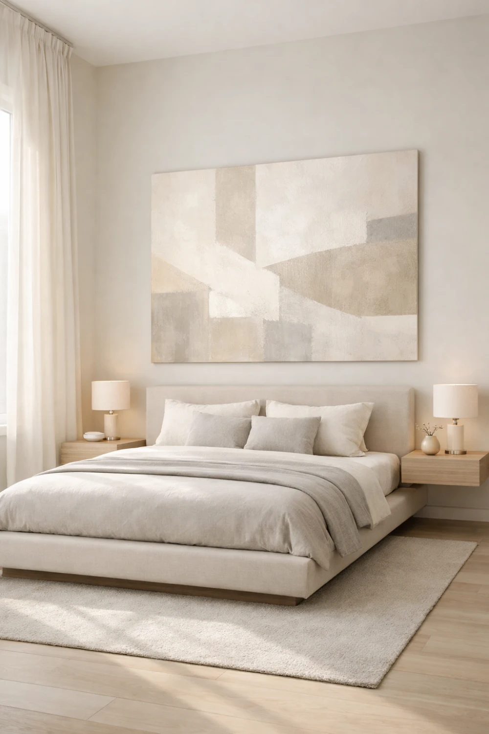 Minimalist neutral bedroom idea for couples with modern art and soft décor
