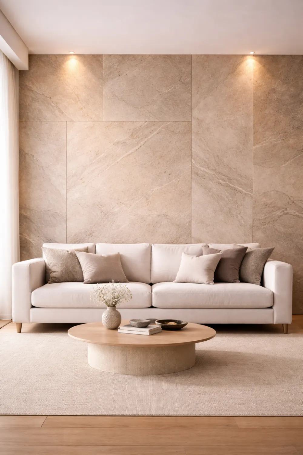 Modern living room with large stone panel accent wall behind a sofa, soft lighting highlighting the natural stone texture.