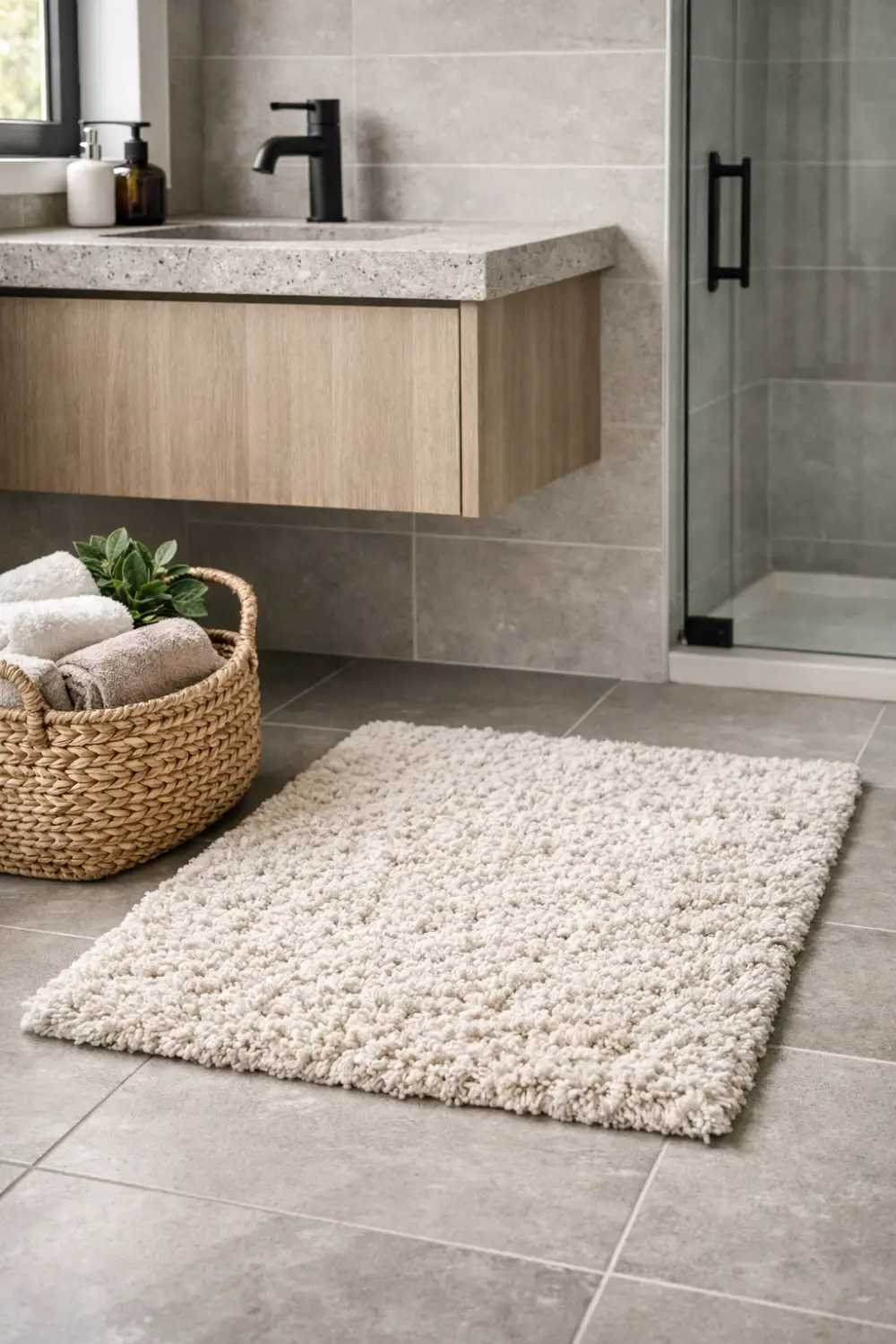 Soft neutral bath rug beside vanity with woven basket and towels in modern bathroom
