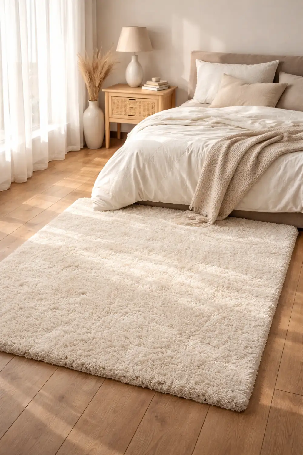 Soft fluffy cream rug placed beside a bed with neutral bedding and wooden flooring creating a cozy minimalist room decor setup.