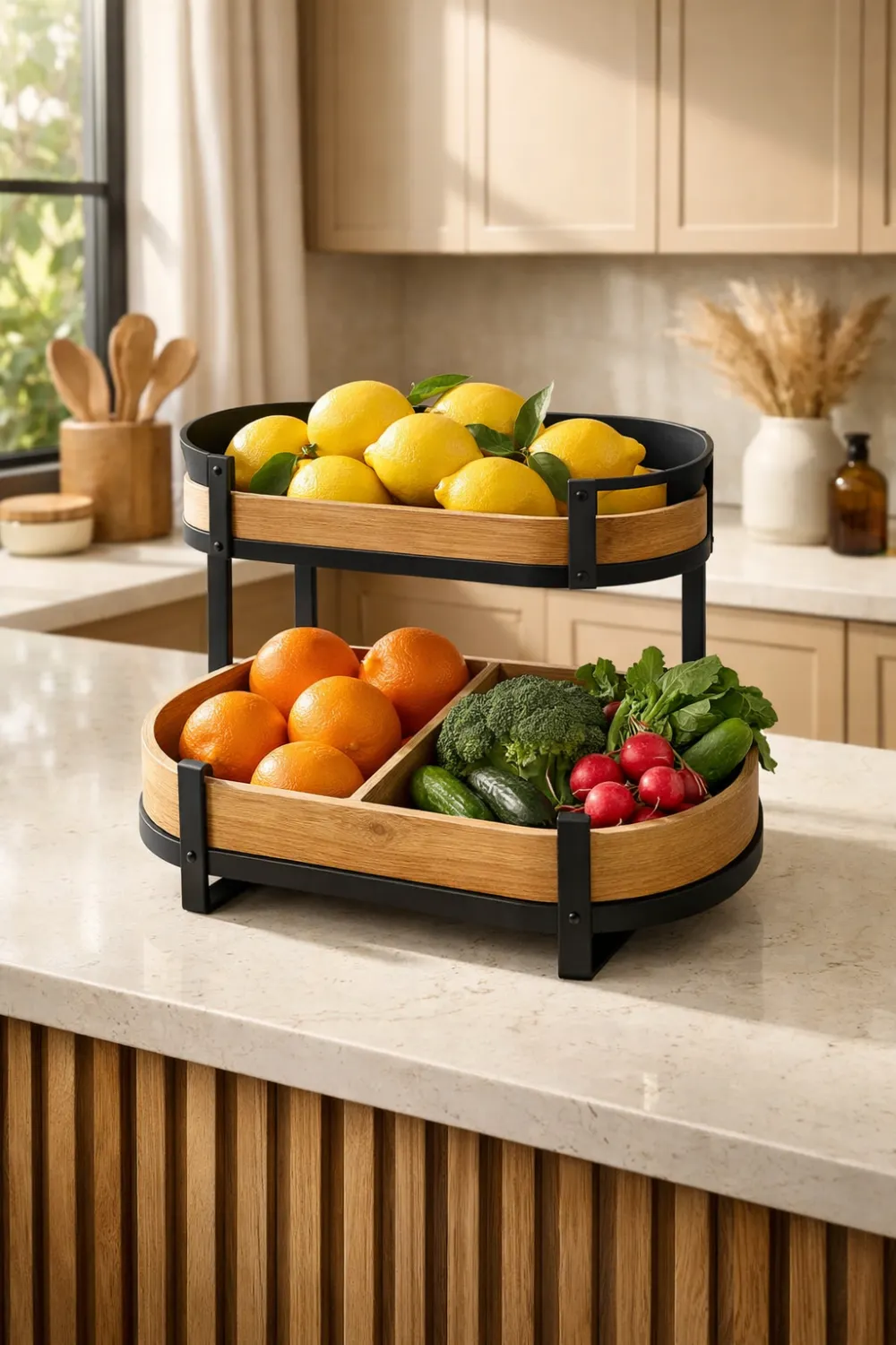 Two tier kitchen countertop fruit basket organizer holding lemons, oranges, and fresh vegetables in a modern kitchen.