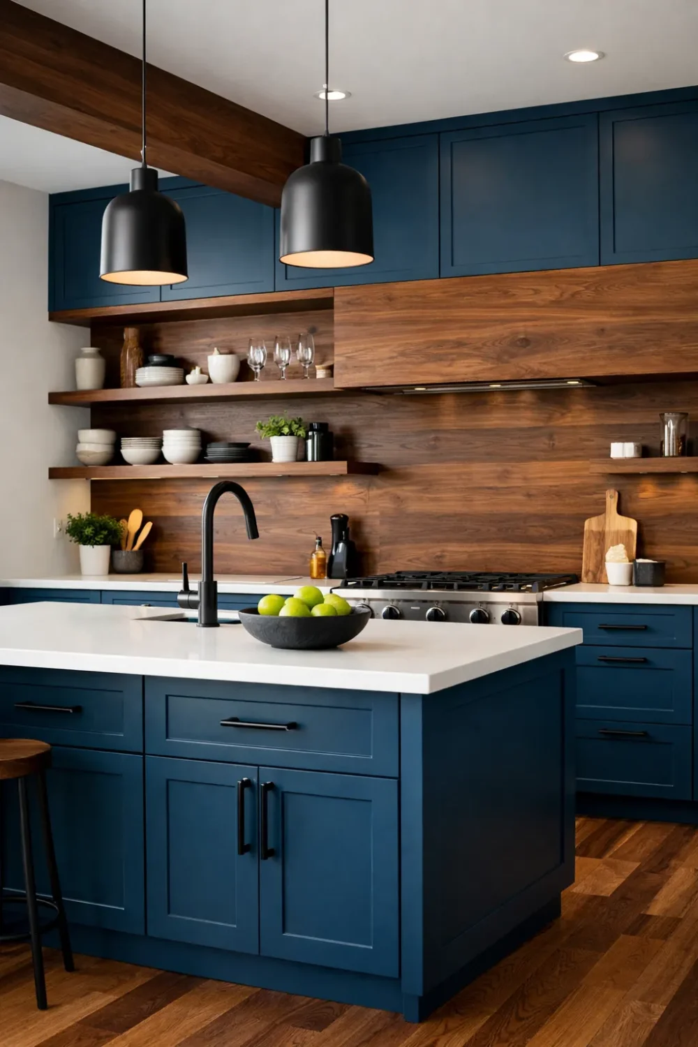 Navy blue kitchen with wooden backsplash, open shelves and modern island design
