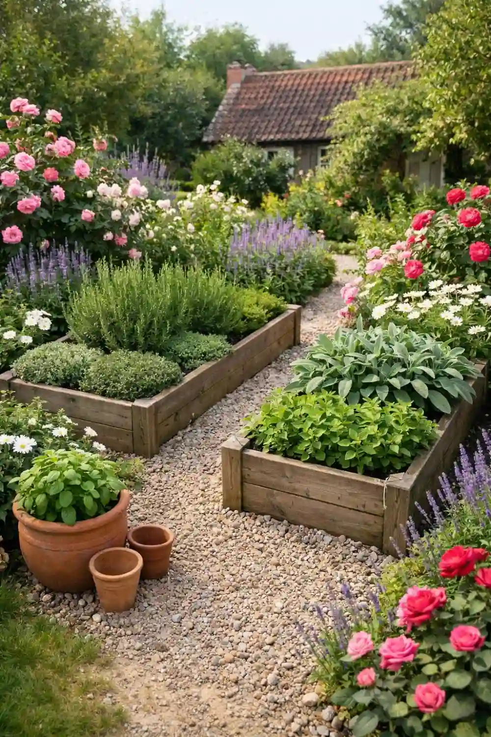 cottage garden with herb beds rosemary thyme sage roses and gravel pathway backyard design