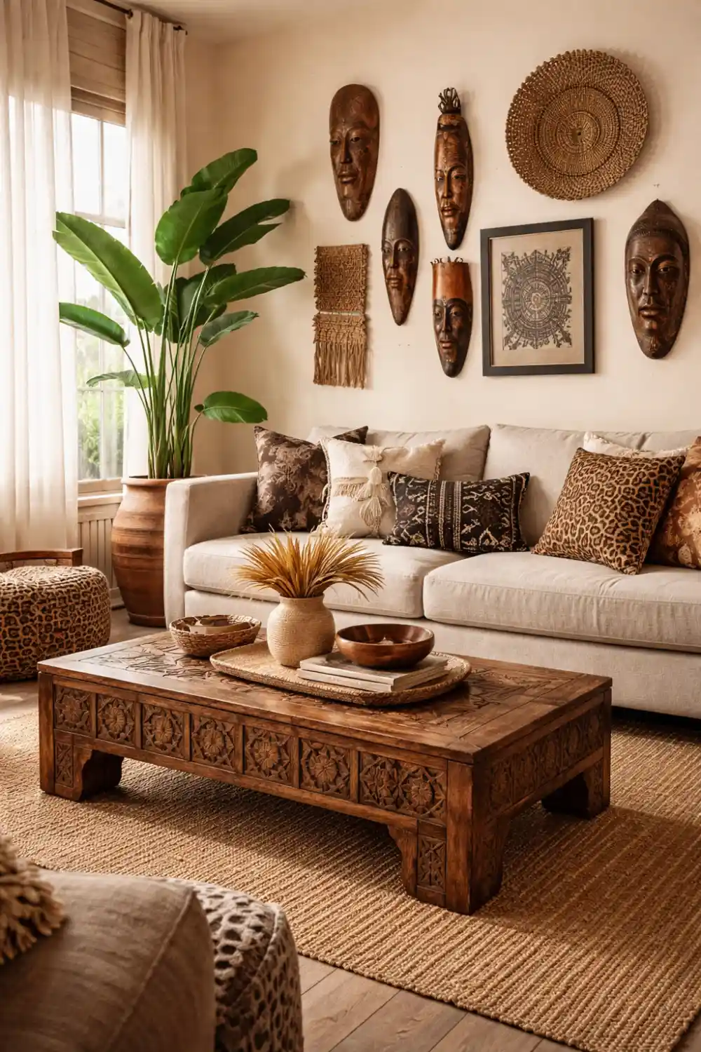 Afrohemian living room with African masks wall decor, neutral sofa, tribal pillows and wooden coffee table