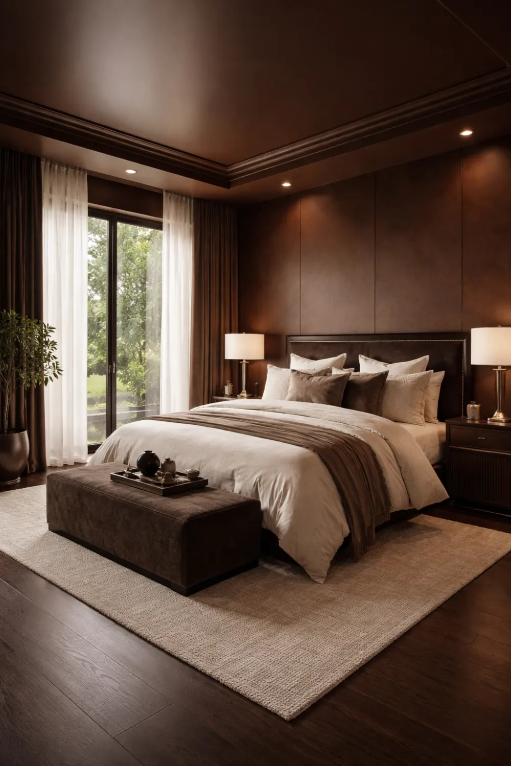 chocolate brown color drenched bedroom with warm tones and cozy luxury feel