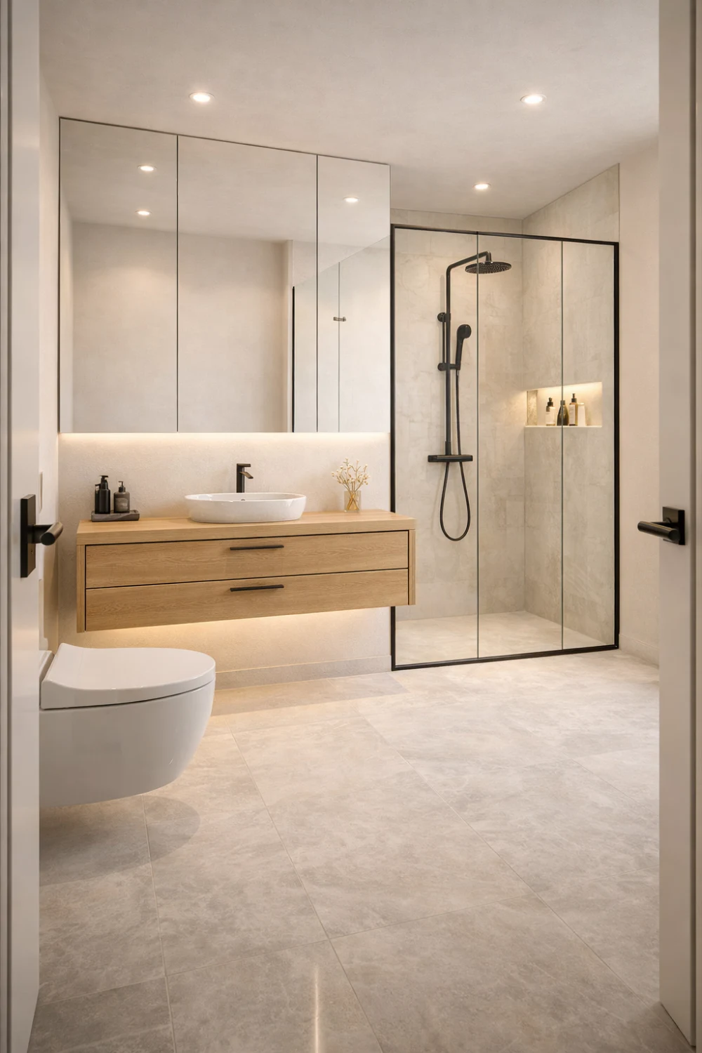 light neutral bathroom wood vanity glass shower modern scandinavian design