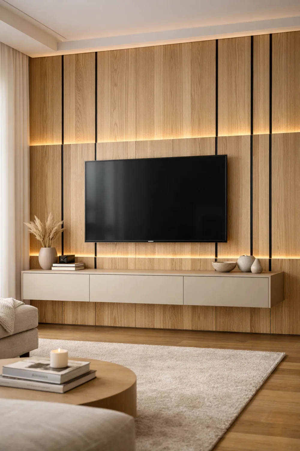 Modern wood panel TV wall with vertical LED lighting and floating media console creating a warm contemporary interior