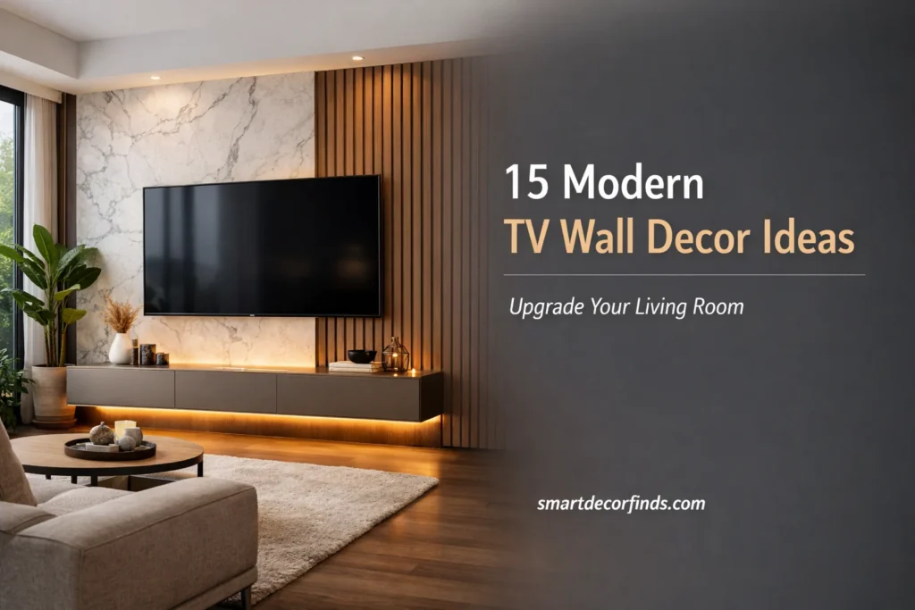 Modern TV wall decor ideas blog featured image showing marble and wood slat LED media wall with floating console in a stylish living room