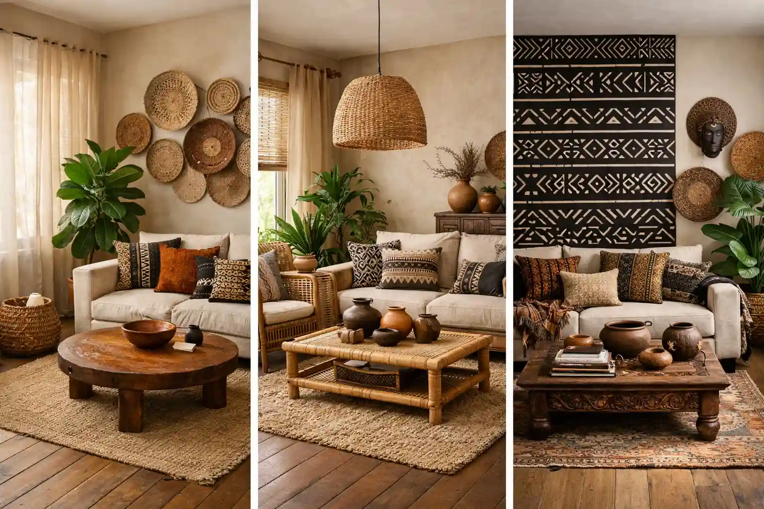 Afrohemian living room ideas collage with woven basket wall decor, rattan lighting, tribal accent wall and earthy boho furniture