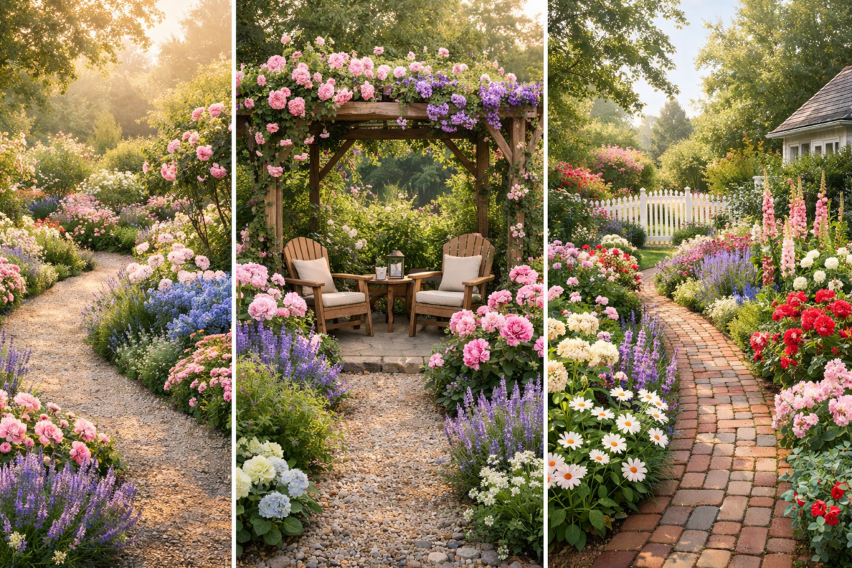 horizontal collage of three cottage garden ideas backyard designs with gravel path pergola seating and white picket fence flowers