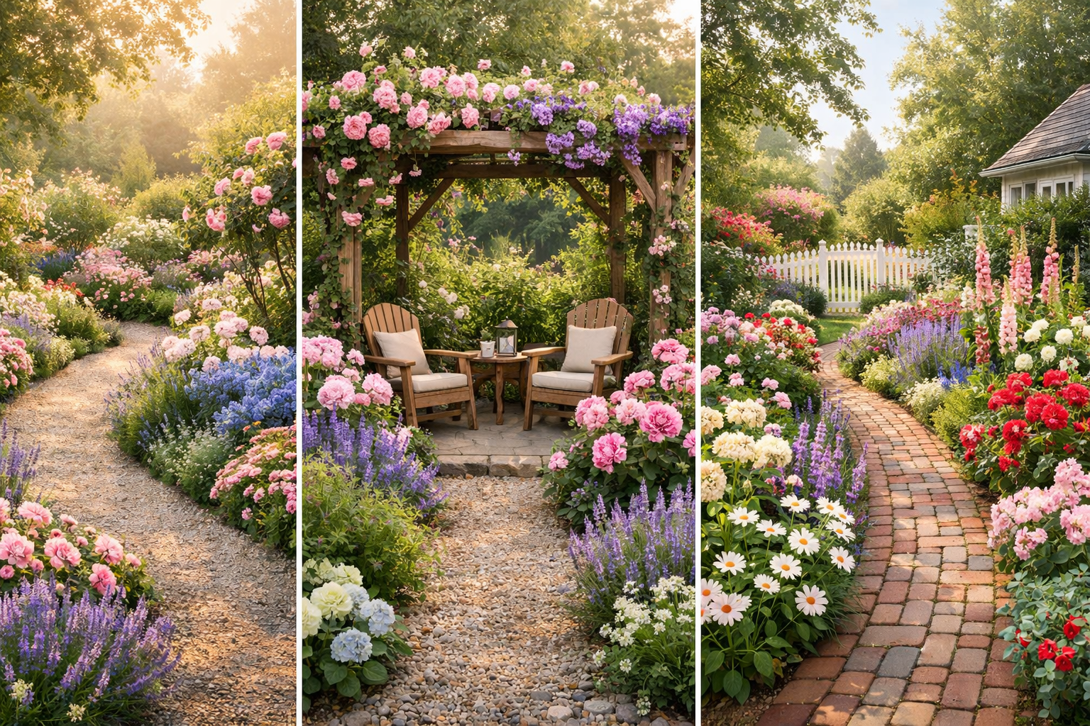 horizontal collage of three cottage garden ideas backyard designs with gravel path pergola seating and white picket fence flowers