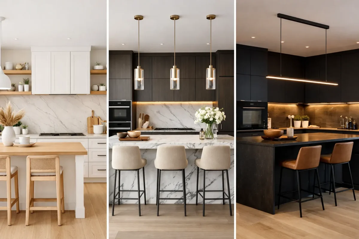 Modern kitchen design ideas collage featuring three luxury kitchens with marble island, white wood cabinets, and dark contemporary cabinetry in a horizontal grid layout
