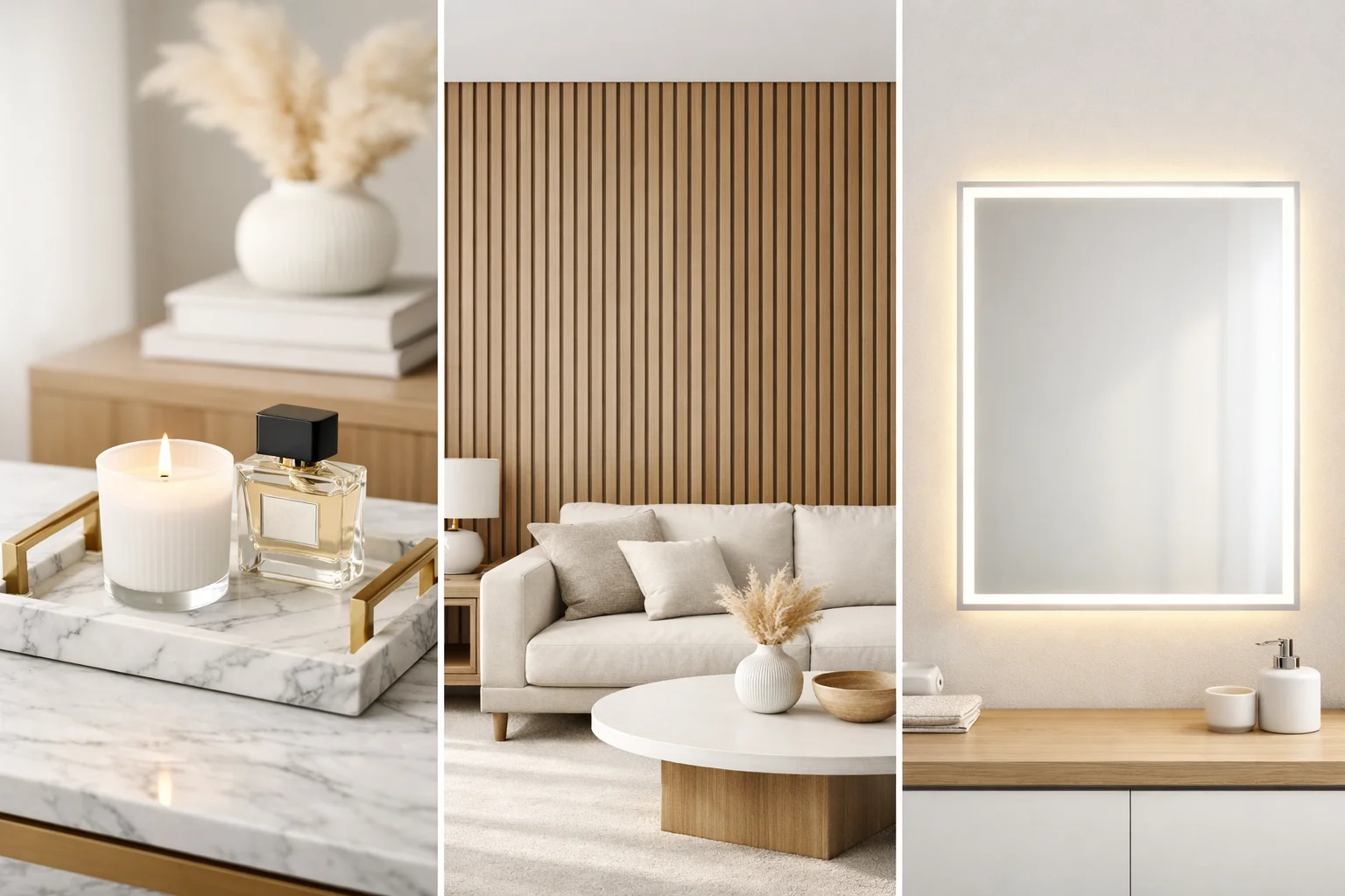 DIY home decor collage featuring marble tray wood slat wall and LED mirror