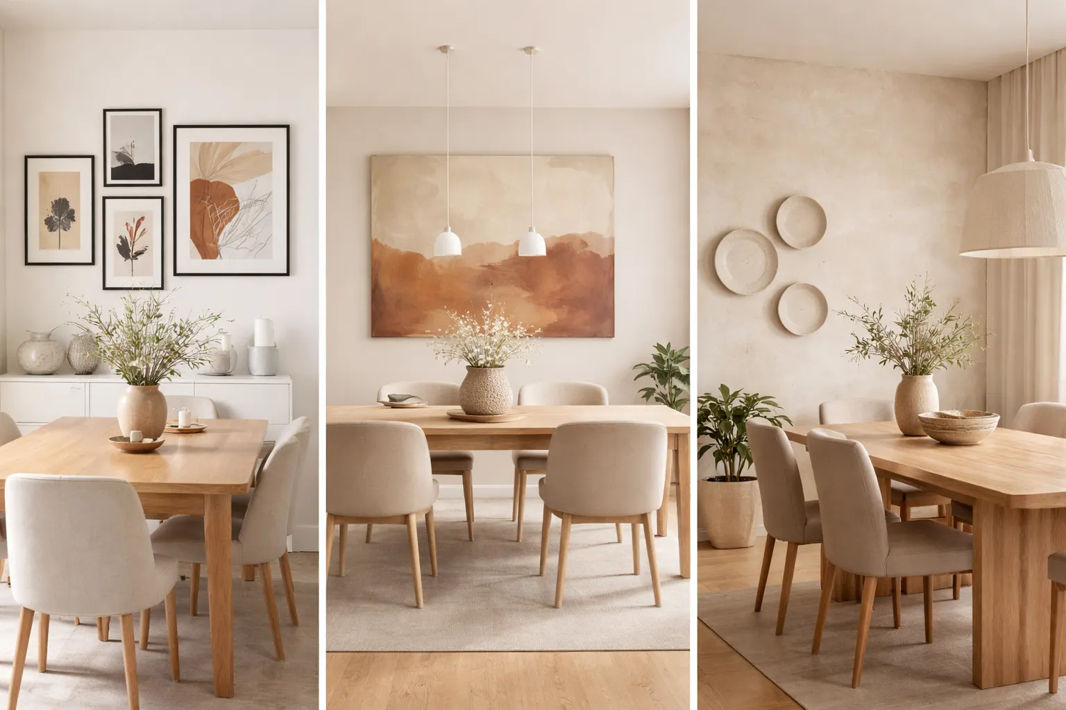 dining room wall decor ideas modern neutral dining space gallery wall abstract art ceramic plates minimalist interior