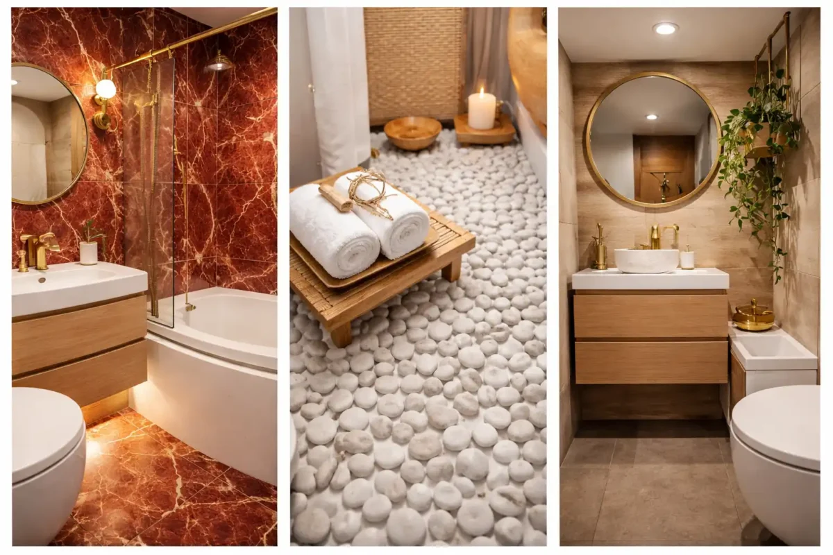 small bathroom ideas collage marble luxury pebble floor wood vanity modern design