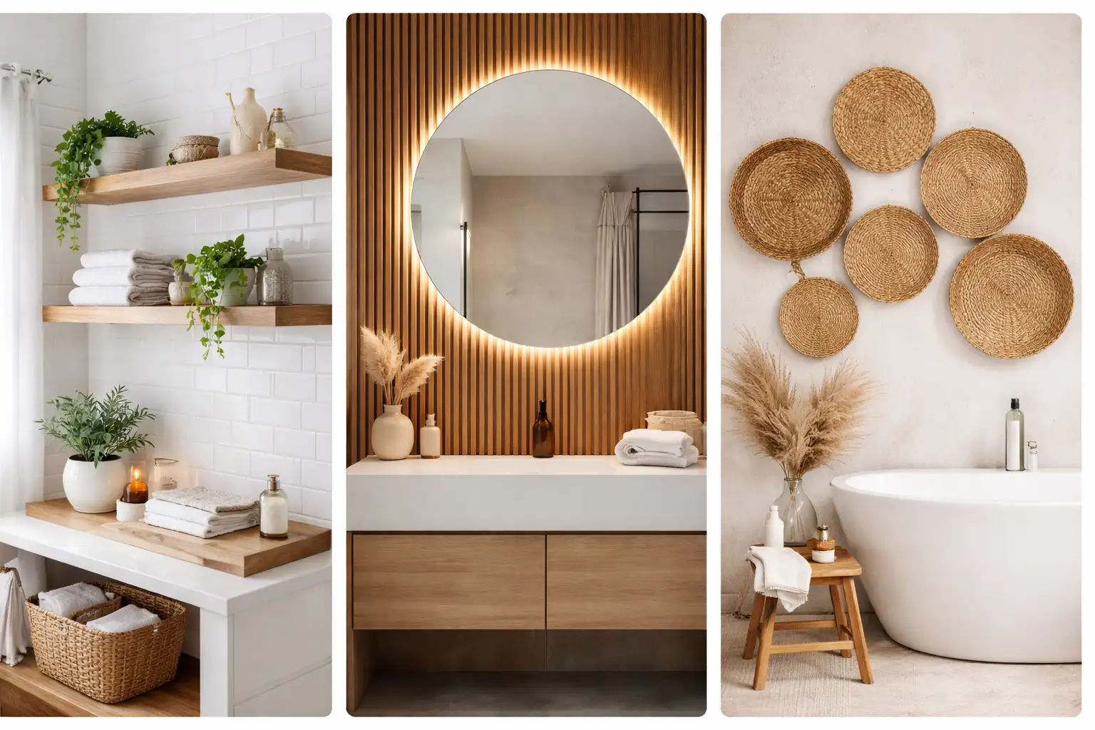 bathroom wall decor ideas collage with floating shelves round mirror wood slat wall and woven basket wall art modern spa style bathroom design ideas