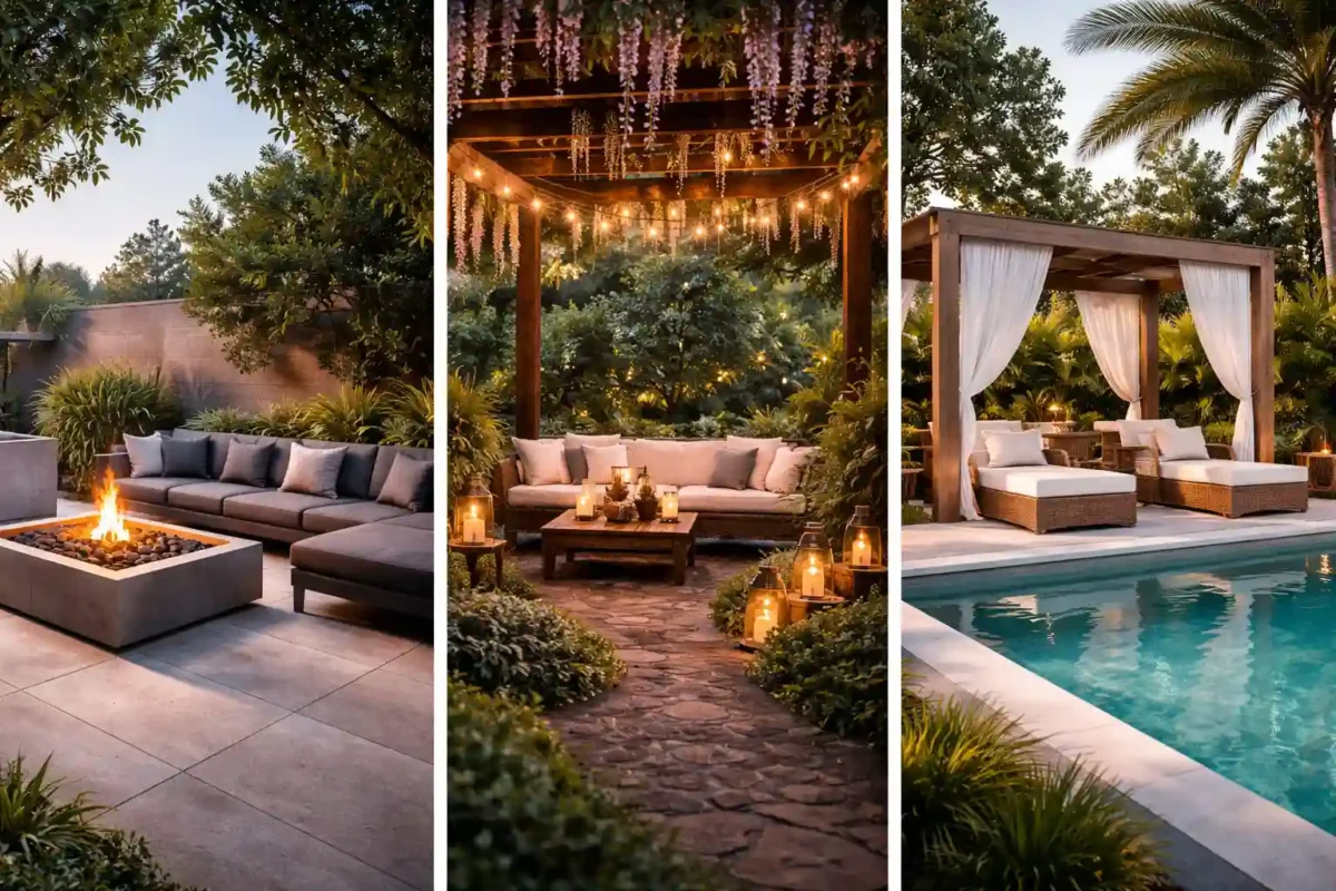 outdoor living space ideas collage featuring modern fire pit lounge, pergola garden seating area and luxury poolside backyard patio design
