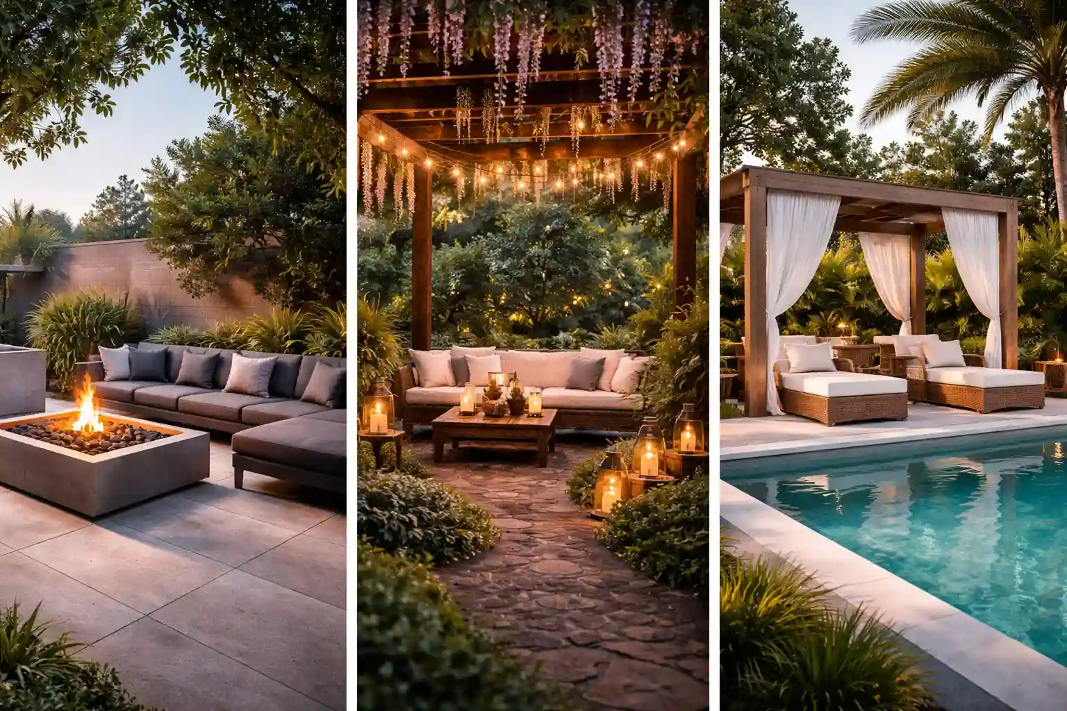 outdoor living space ideas collage featuring modern fire pit lounge, pergola garden seating area and luxury poolside backyard patio design
