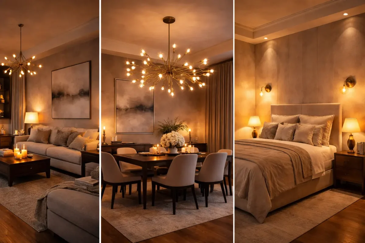 modern home lighting tricks collage with chandelier living room dining room and cozy bedroom lighting inspiration