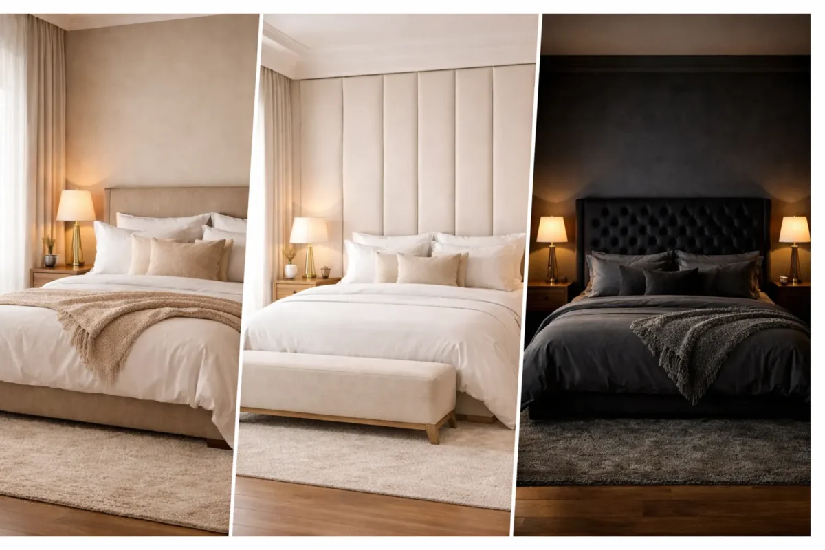 hotel style bedroom ideas collage featuring neutral luxury bedroom minimalist hotel bedroom and dark boutique hotel bedroom design inspiration