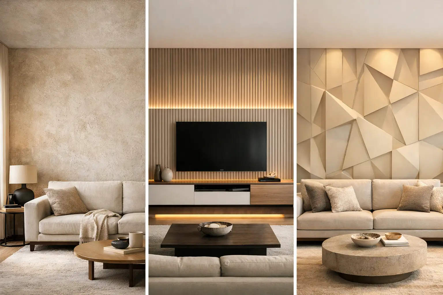 Three modern living room accent wall ideas shown in a horizontal grid featuring a textured plaster wall, a vertical slat TV wall with LED lighting, and a geometric 3D panel accent wall.