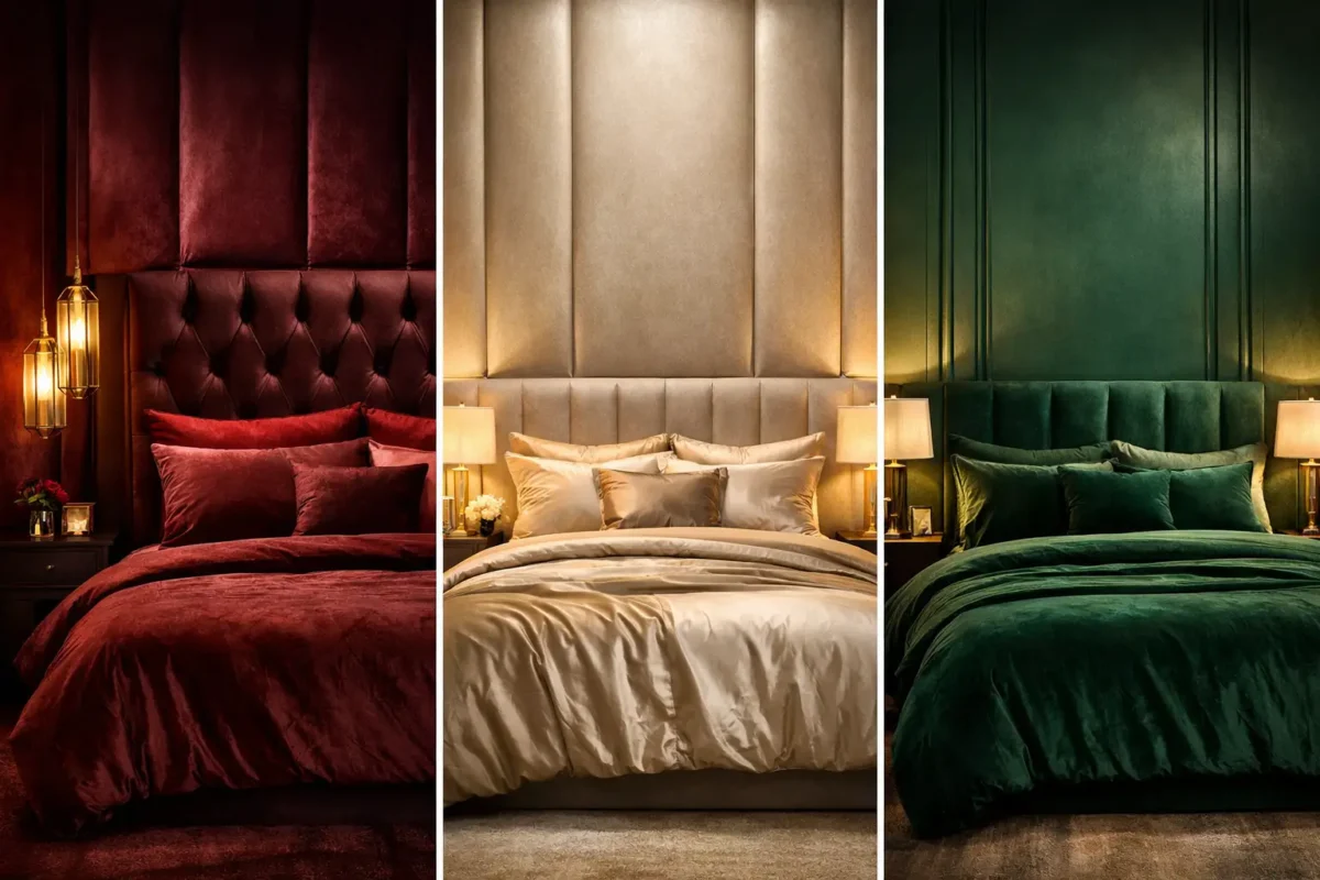 Romantic luxury bedroom ideas for couples featuring burgundy, champagne gold, and emerald green modern bedroom designs