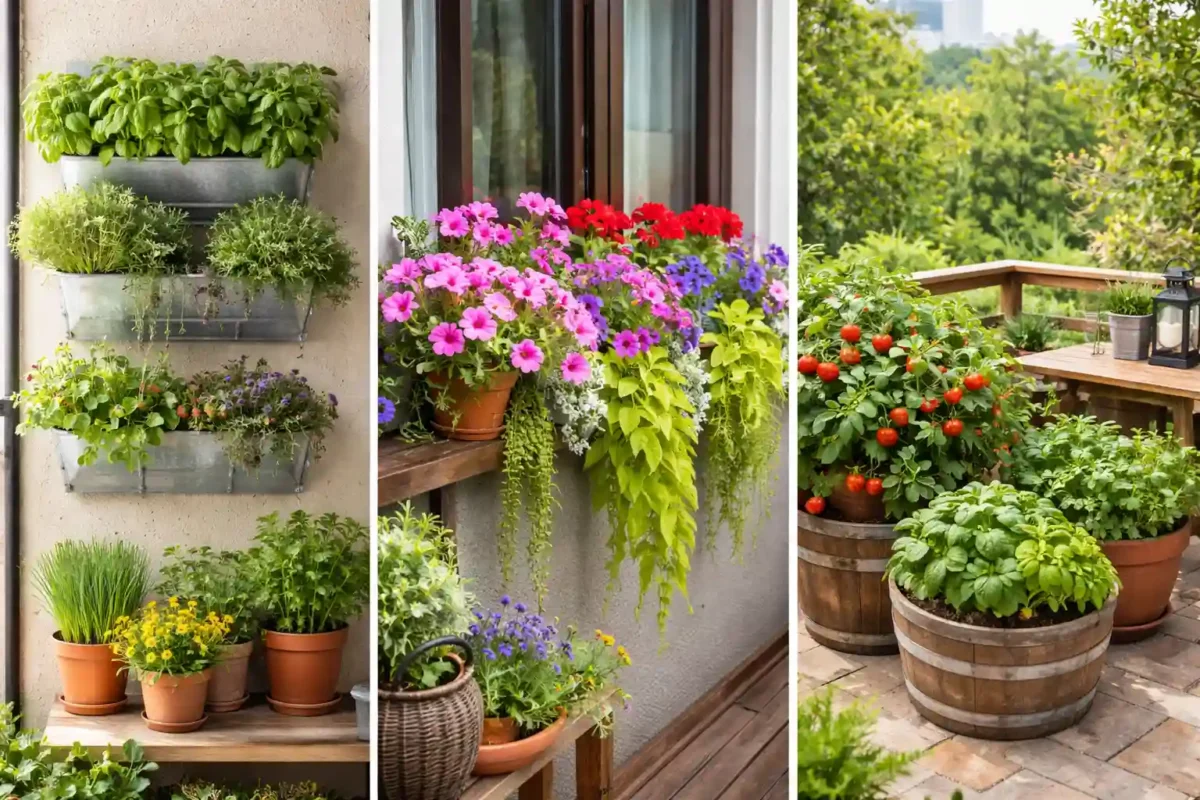Container garden ideas collage showing vertical wall planters, colorful balcony flower containers, and vegetable container garden setup for small balconies and patios.
