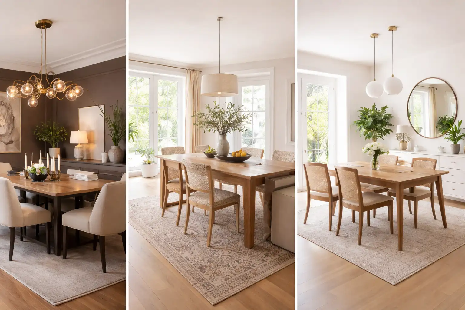 Collage of three stylish dining room makeover ideas featuring modern chandeliers, wooden dining tables, neutral decor, area rugs, and bright elegant dining spaces.