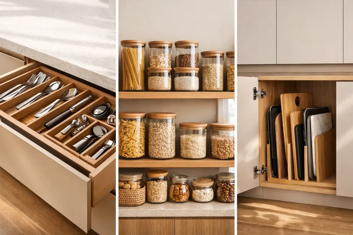 Modern kitchen organization ideas collage showing drawer dividers for utensils, glass jar pantry storage, and vertical tray cabinet organizer in a minimalist kitchen.