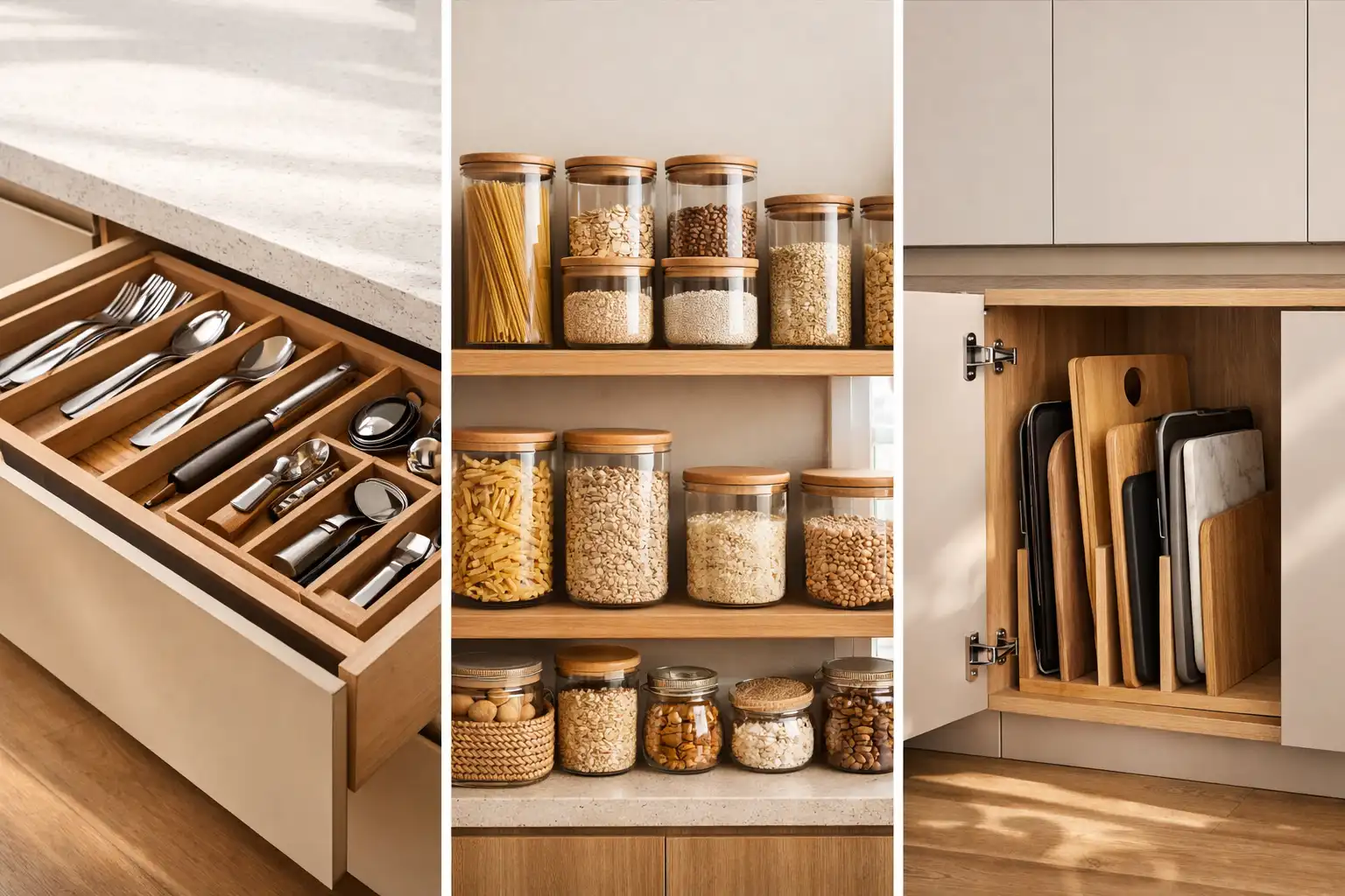 Modern kitchen organization ideas collage showing drawer dividers for utensils, glass jar pantry storage, and vertical tray cabinet organizer in a minimalist kitchen.
