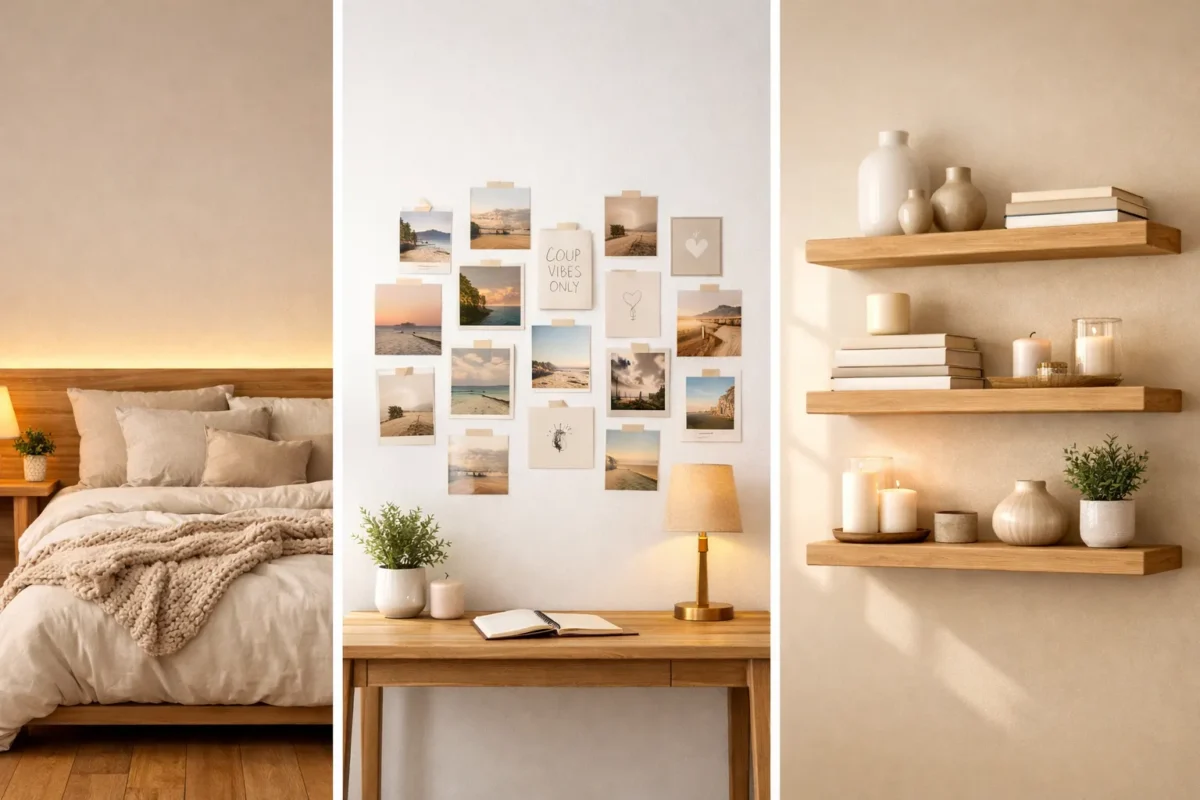 Horizontal collage featuring three DIY room decor ideas including cozy LED headboard lighting, aesthetic photo grid wall collage, and minimalist floating wooden shelves styled with candles, books, and plants.