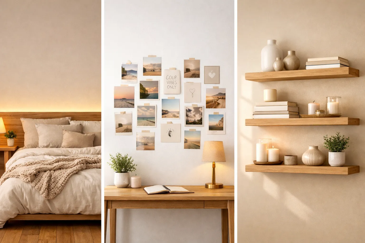 Horizontal collage featuring three DIY room decor ideas including cozy LED headboard lighting, aesthetic photo grid wall collage, and minimalist floating wooden shelves styled with candles, books, and plants.