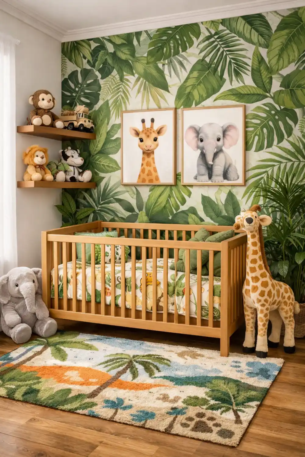 Jungle safari nursery decor with tropical leaf wallpaper, wooden baby crib, giraffe and elephant wall art, and plush animal toys creating a playful jungle themed baby room.