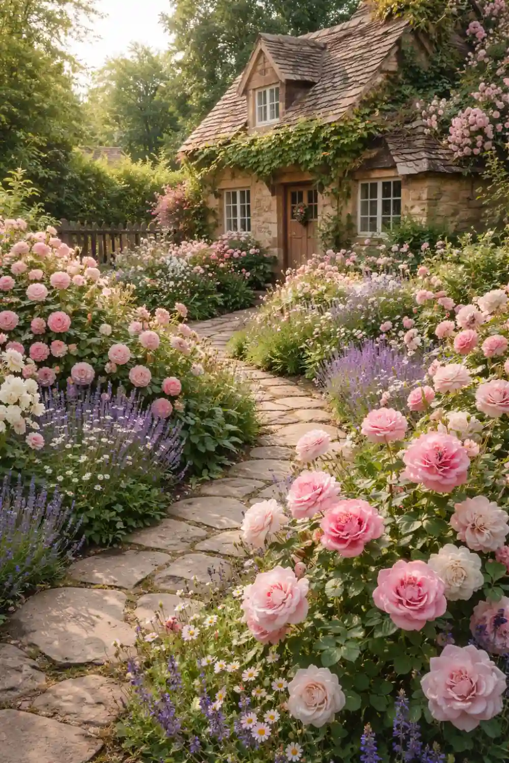 Romantic cottage backyard rose garden with pink blooming roses, lavender flowers, and a curved stone pathway leading to a charming countryside style cottage home.