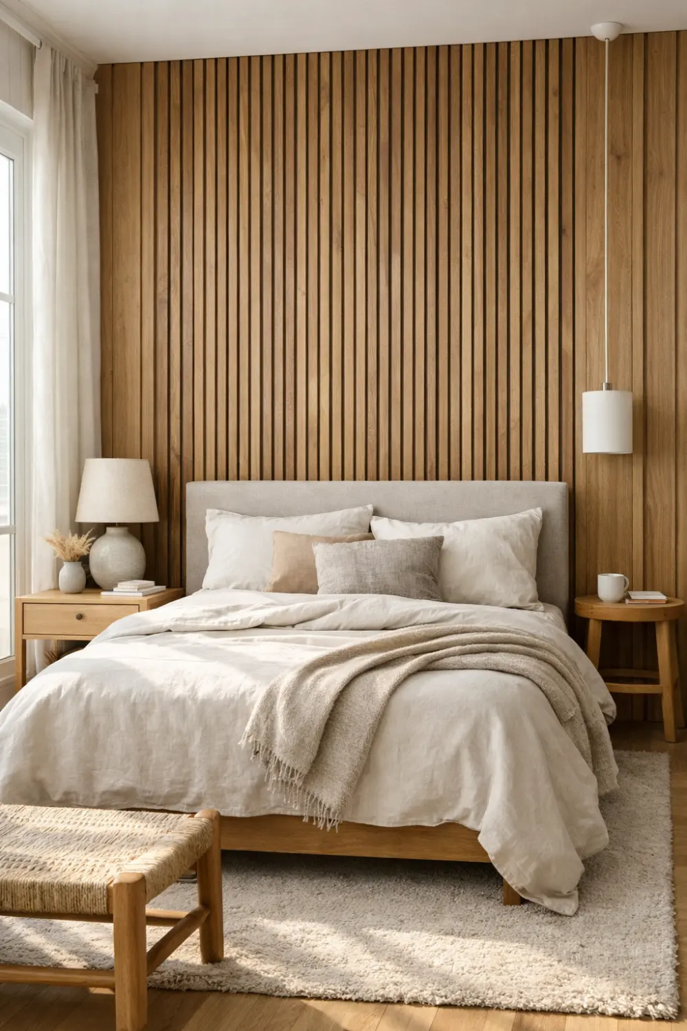 Modern bedroom interior featuring a vertical rustic wood slat accent wall behind the bed, warm natural oak wooden panels creating rich texture and depth, neutral bedding with soft beige tones, minimalist bedside tables with lamps, Scandinavian inspired interior design with natural light and cozy modern decor.