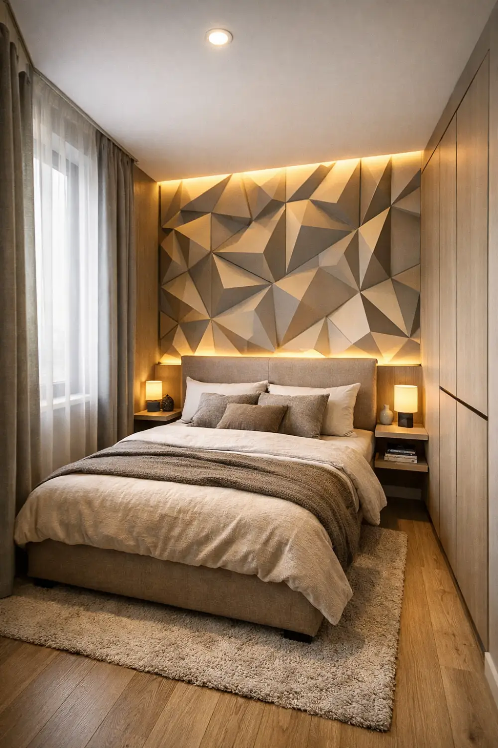 tiny bedroom with 3D geometric accent wall and warm LED lighting modern luxury small bedroom design
