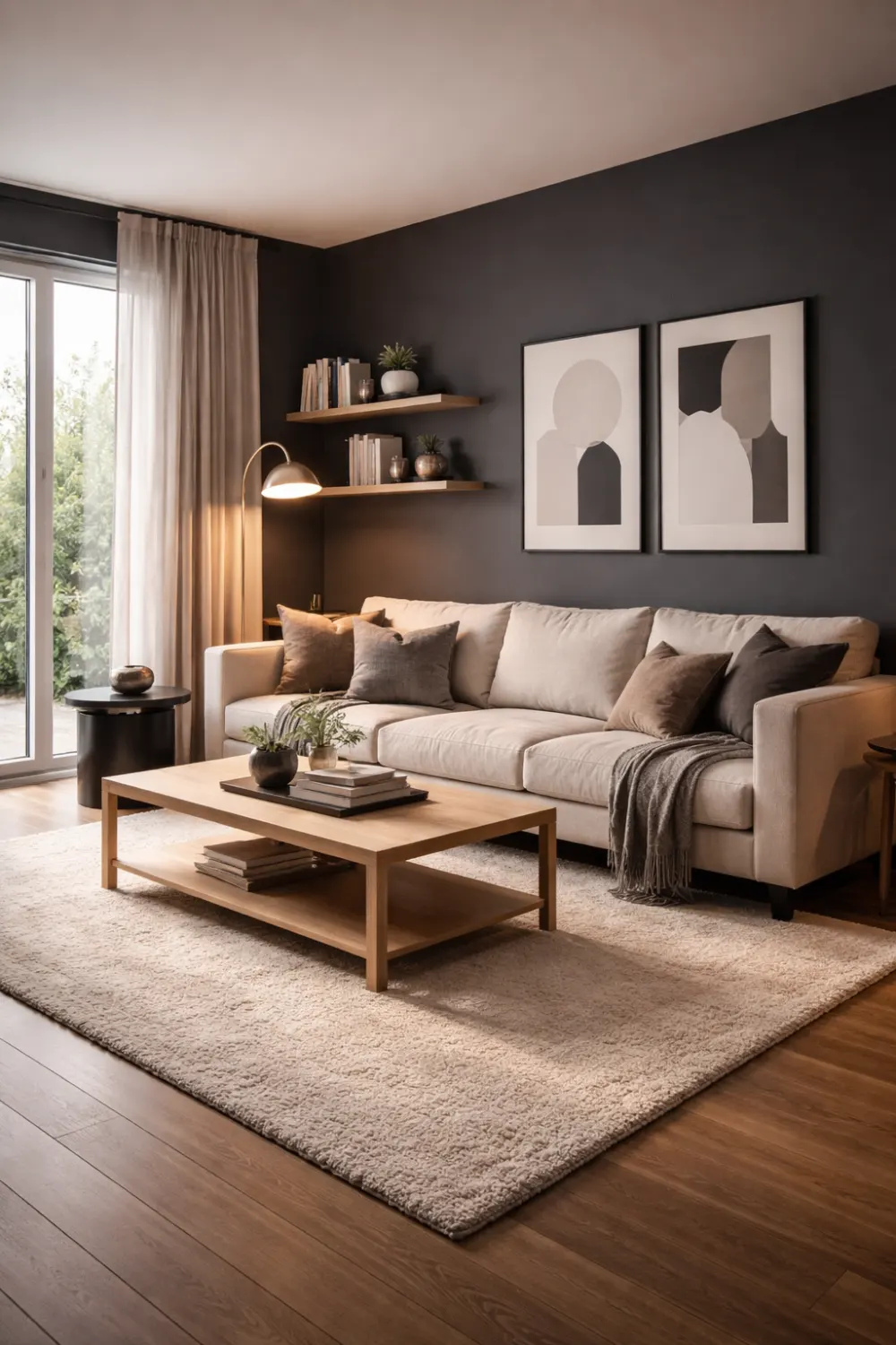 dark charcoal living room with beige sofa cozy modern dark living room design warm lighting neutral decor stylish dark interior idea