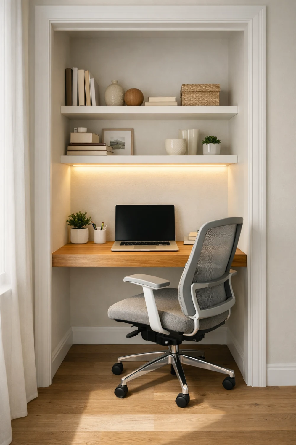 small closet office nook with floating desk and shelves compact home office setup for small space living minimalist cloffice workspace idea
