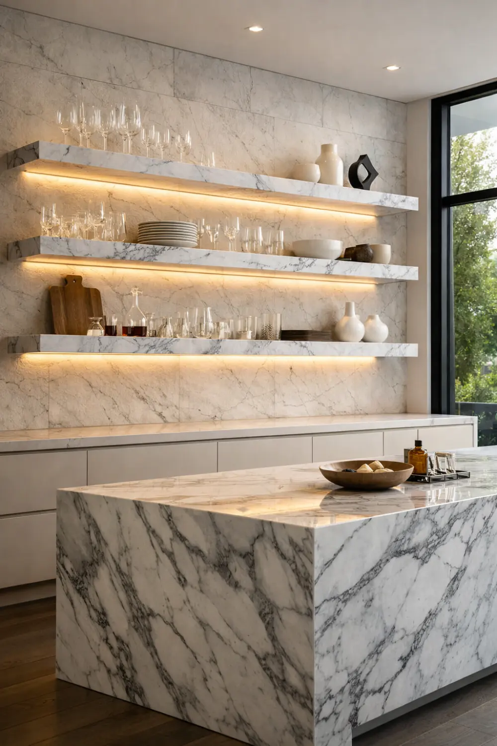 Modern luxury kitchen with floating marble slab shelves and warm LED lighting displaying glassware and ceramics on a marble wall, creating a sleek contemporary open shelving design.