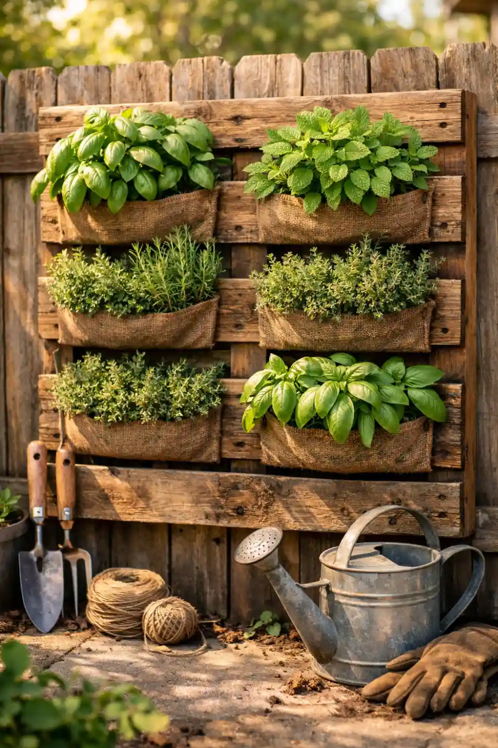 Rustic vertical pallet herb garden mounted on wooden fence with burlap planters filled with basil mint thyme and rosemary, beautiful DIY herb gardening idea for small backyard spaces