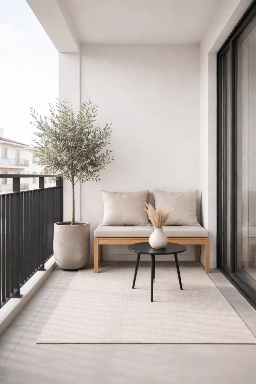 minimalist small balcony decor idea with wooden bench seating small apartment balcony design cozy outdoor balcony setup modern balcony inspiration