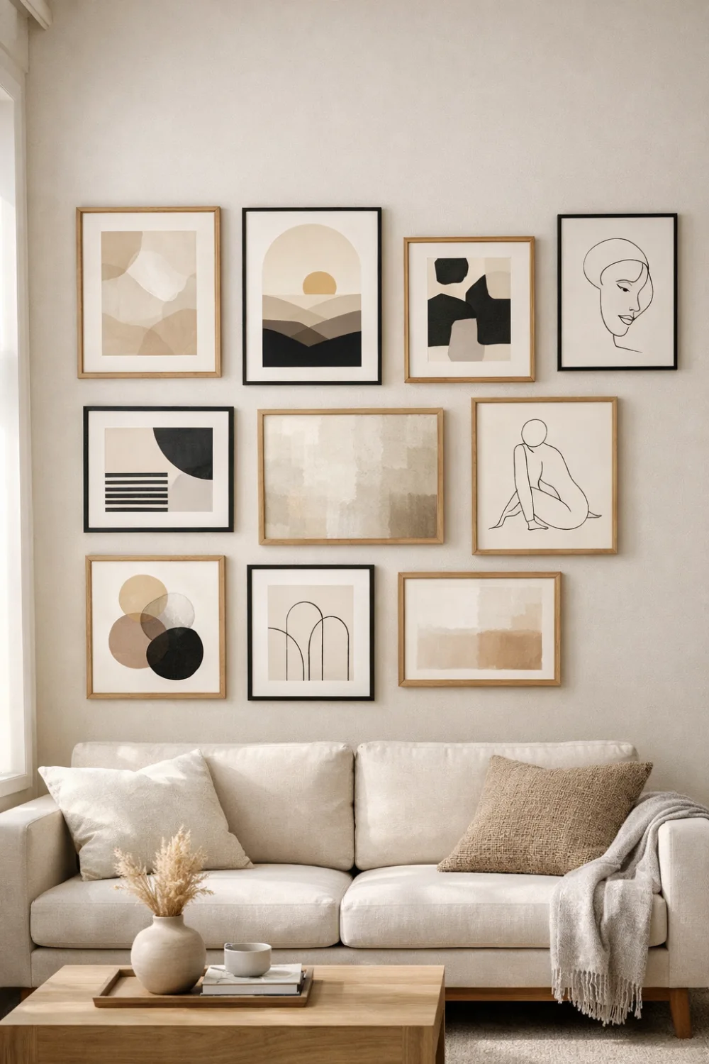 Modern grid gallery wall above sofa with neutral abstract art prints arranged in a clean square layout using black and wood frames for a stylish living room decor idea