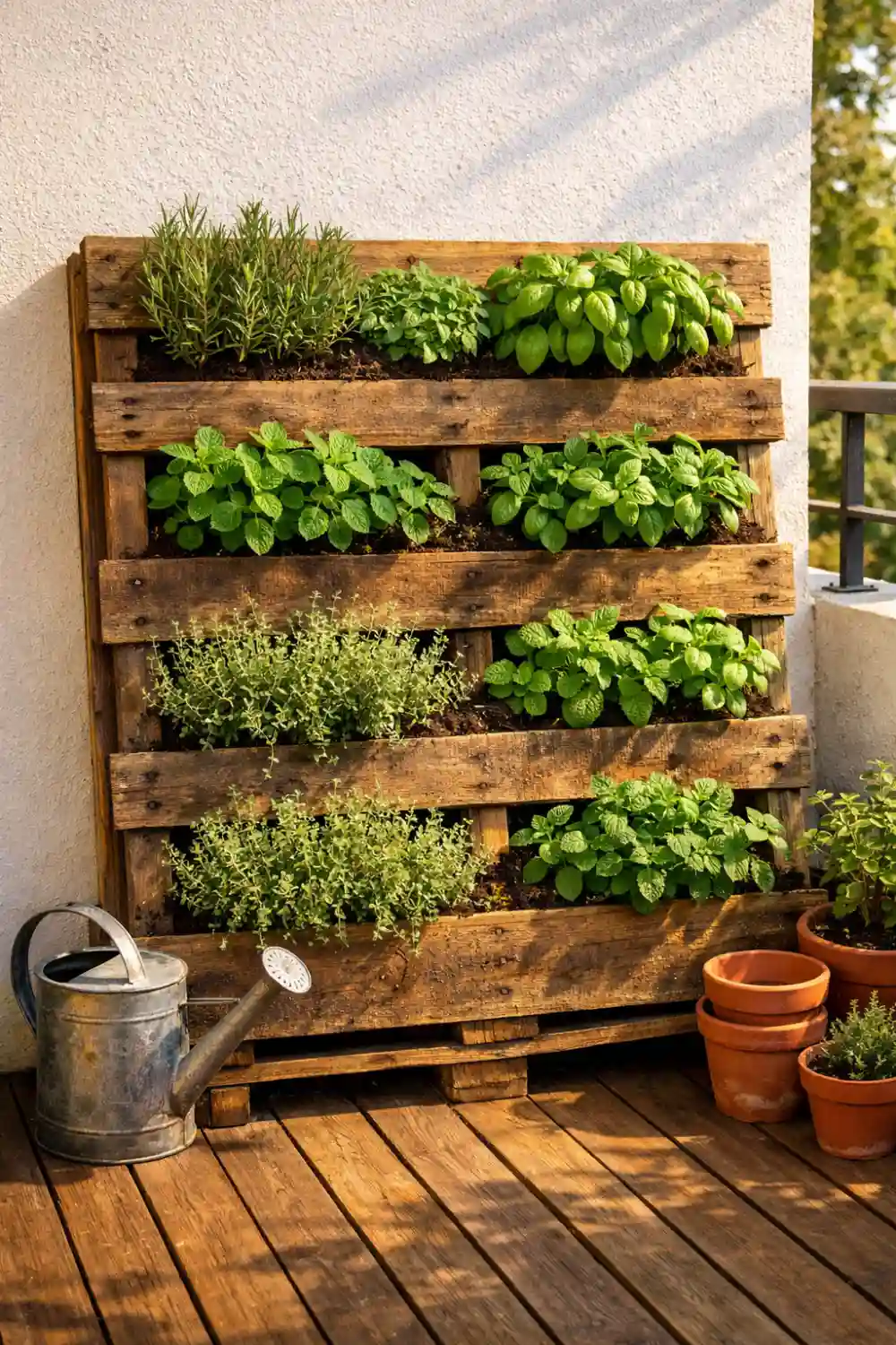 Wooden pallet vertical garden with herbs growing in rows on a small balcony wall creating a space saving garden design for small spaces.