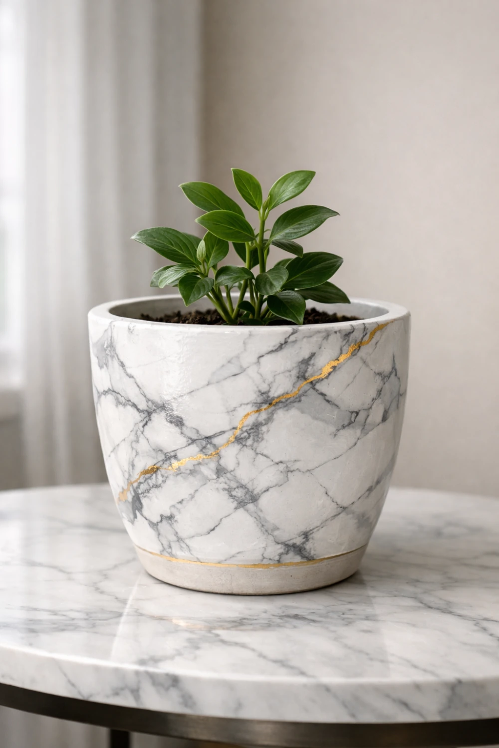 DIY faux marble planter idea turning cheap terracotta pot into luxury marble style planter with gold veins modern home decor planter upgrade