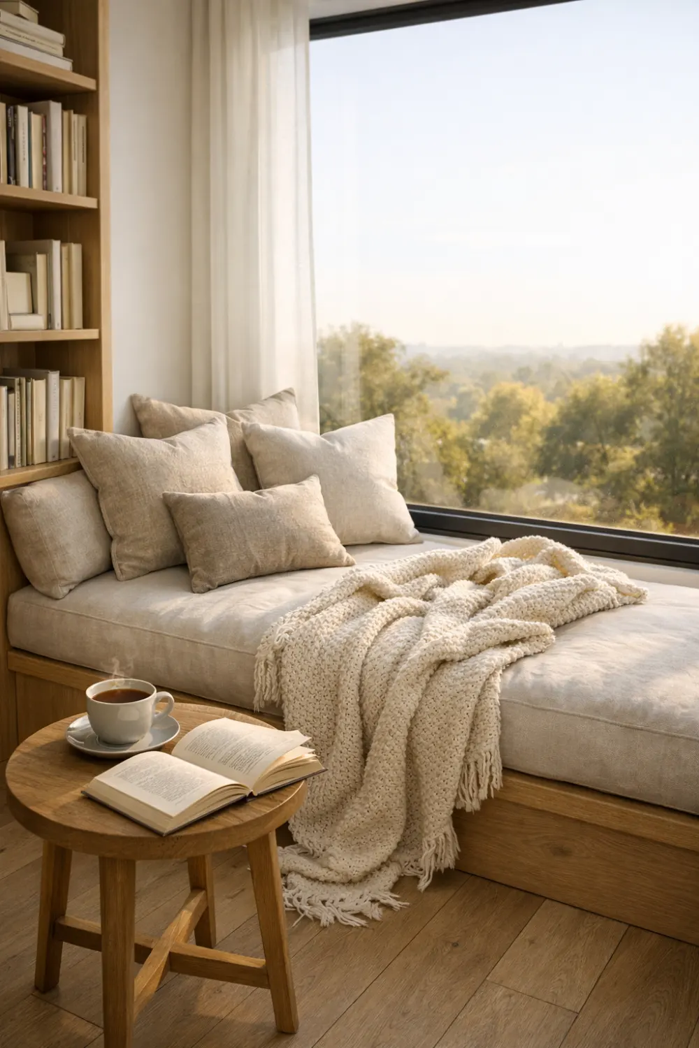 cozy window seat reading nook with soft cushions pillows natural light built in shelves cozy reading corner idea for home