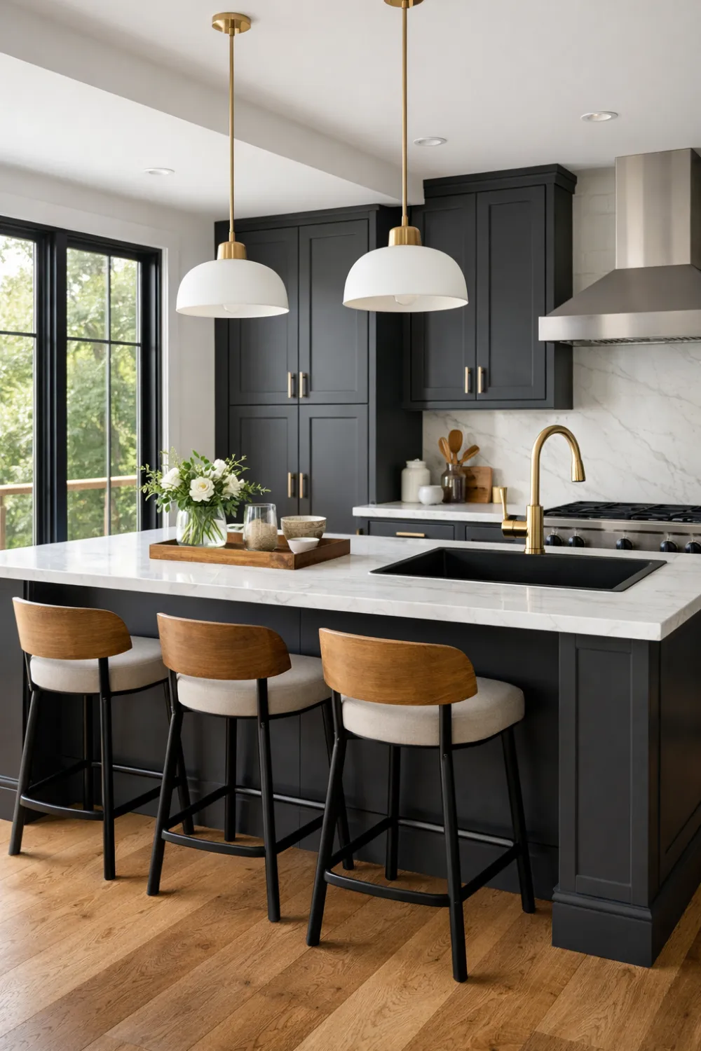 Modern dark cottage kitchen with charcoal cabinets, marble island, brass hardware, and wooden bar stools creating a cozy modern cottage style kitchen design.
