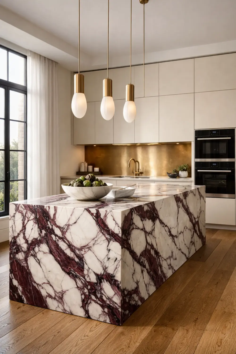 Viola marble waterfall island kitchen with burgundy veining, modern luxury cabinets, gold lighting, and elegant interior design