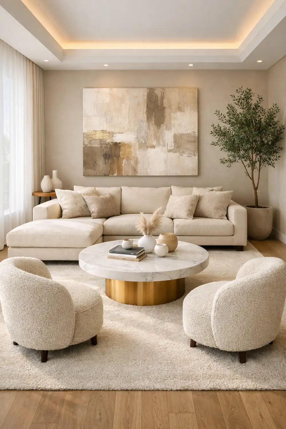 modern neutral living room with cream sofa marble coffee table elegant home decor ideas