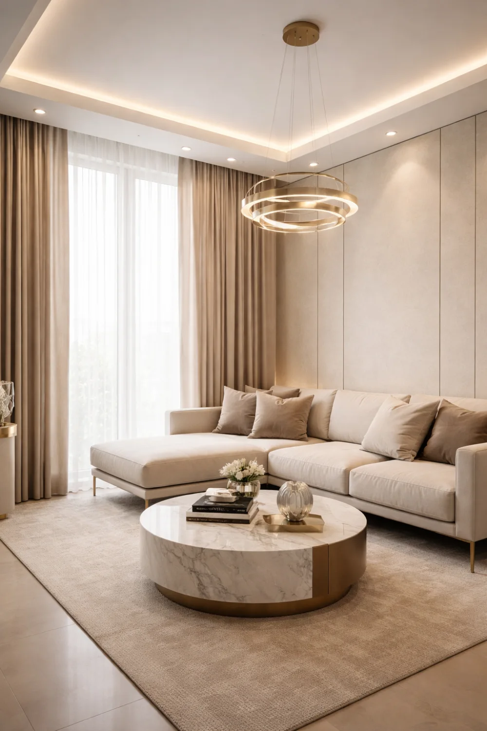 Luxury neutral small living room with beige sofa, marble coffee table, modern chandelier, and elegant wall panels creating a stylish modern apartment living room design.